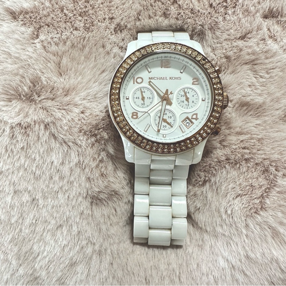 Micheal Kors White and Rose Gold Watch. Pave Gems around face. EUC